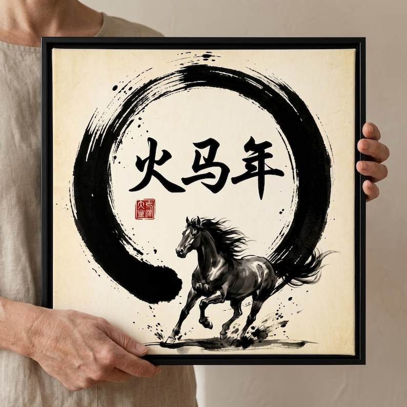 Year of the Fire Horse Framed Wall Art Chinese Zodiac Horse 2026 Lunar New Year Decorations Zen Ink Painting Minimalist Asian Art Decor image 8