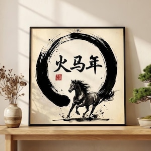 Year of the Fire Horse Framed Wall Art Chinese Zodiac Horse 2026 Lunar New Year Decorations Zen Ink Painting Minimalist Asian Art Decor image 1