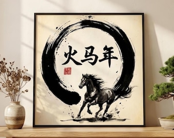 Year of the Fire Horse Framed Wall Art Chinese Zodiac Horse 2026 Lunar New Year Decorations Zen Ink Painting Minimalist Asian Art Decor