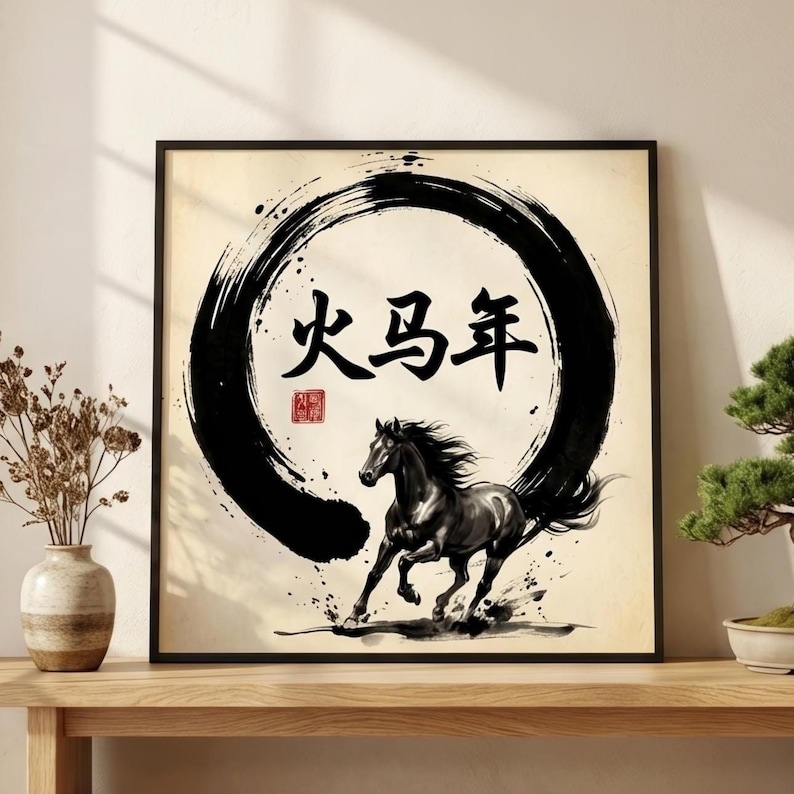 Year of the Fire Horse Framed Wall Art Chinese Zodiac Horse 2026 Lunar New Year Decorations Zen Ink Painting Minimalist Asian Art Decor image 1