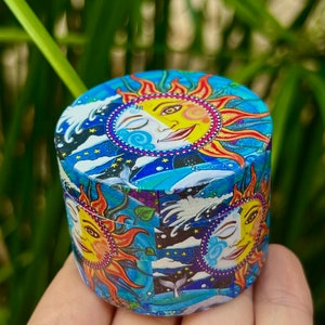 Sun and Moon Trippy Colorful Blue Herb Tobacco Metal Grinder