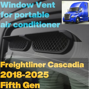 May include: Black window vent for a portable air conditioner, designed to fit a Freightliner Cascadia 2018-2025 Fifth Gen truck. The vent has a black, diamond-shaped grill.