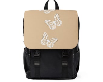 Teen girl canvas college bag, beige with white butterflies teen girl laptop bag, teen girl school bag, travel bag for her.