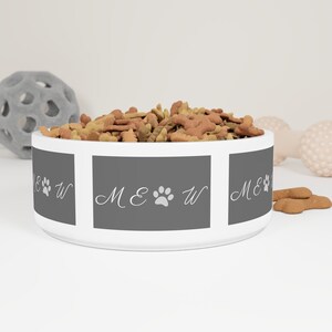Meow cat bowl, grey and white pet feeding and water dish