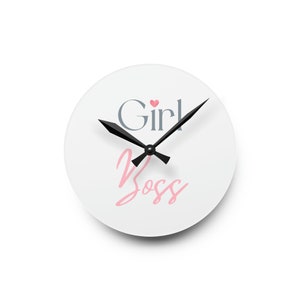 Wall mounted clock, Girl Boss word design.  Analogue battery operated clock gift ideas