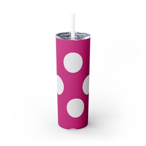 Skinny Tumbler with Straw, 20oz pink and white polka dot hot and cold drinks mug portable tumbler with lid mug gift ideas for her