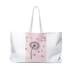 Pink Dandelion Weekender Bag, Oversized Travel Tote with Rope Handles, Boho Chic Duffle Bag, Floral Getaway Bag