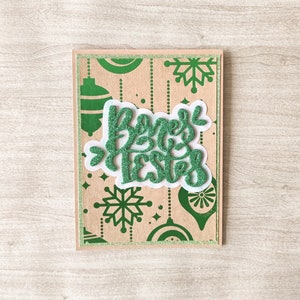 Carte de joyeuses fêtes avec boules en film vert et artisanat, carte de Noël avec paillettes vertes, carte de décoration de sapin de Noël, espagnol, catalan