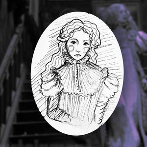 Puede incluir: Un boceto en blanco y negro de una persona con un vestido vintage, enmarcado en un óvalo. La persona tiene cabello rizado y un cuello con volantes. El fondo muestra una escalera y una figura borrosa, creando un tema gótico.
