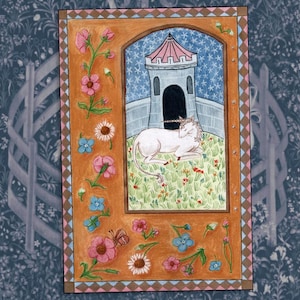 May include: A rectangular painting featuring a white unicorn resting on a green grassy field in front of a stone tower. The border is orange with pink and blue flowers, a small butterfly, and a checkered pattern in brown, pink, and blue.