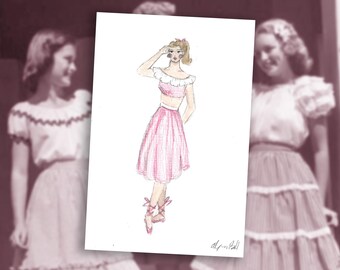 PRINT artwork 1950s inspired pink summer playsuit fashion card