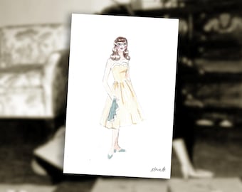 ORIGINAL artwork 1950s inspired yellow summer dress fashion card