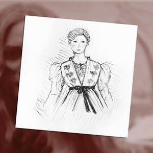 Puede incluir: Un dibujo a lápiz en blanco y negro de una mujer con un vestido largo de cuello alto y un lazo en la cintura. El vestido tiene un estampado floral y la mujer lleva el pelo recogido.