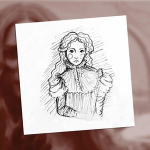 Puede incluir: Un dibujo en blanco y negro de una mujer con el pelo largo y ondulado que lleva una blusa de cuello alto con volantes.