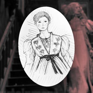Puede incluir: Un dibujo a lápiz en blanco y negro de una mujer con un vestido largo con estampado floral y un lazo en la cintura.
