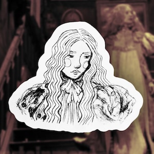 Puede incluir: Dibujo en blanco y negro de una mujer con el pelo largo y ondulado. Lleva una camisa con cuello y un cuello con volantes y una chaqueta con un diseño decorativo. El dibujo está sobre un fondo blanco.