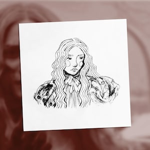 Puede incluir: Dibujo en blanco y negro de una mujer con el pelo largo y ondulado que lleva una chaqueta estampada. La mujer tiene una expresión seria en su rostro.