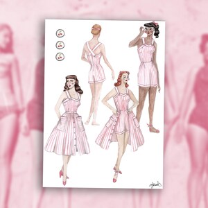 May include: Illustration of five people wearing different styles of pink and white striped dresses. The dresses have a retro 1950s style.