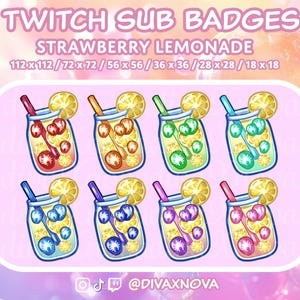 8 Cute Strawberry Fruit Lemonade Drink Sub/Bit Badges for Twitch Streaming