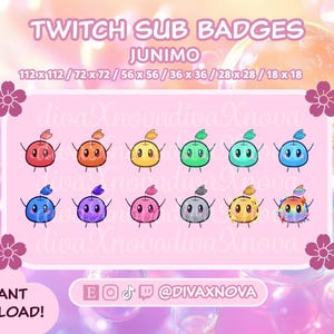 Peut inclure: Un ensemble de douze badges d'abonné Twitch numériques représentant des personnages Junimo de différentes couleurs : rouge, orange, jaune, vert, bleu sarcelle, bleu, violet, rose, gris et arc-en-ciel. Le texte indique TWITCH SUB BADGES JUNIMO 112x112 / 72x72 / 56x56 / 36x36 / 28x28 / 18x18.