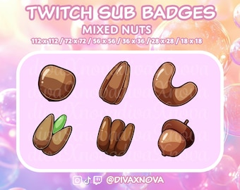 6 Mixed Nuts Sub/Bit Badges for Twitch Streaming: Digital Download