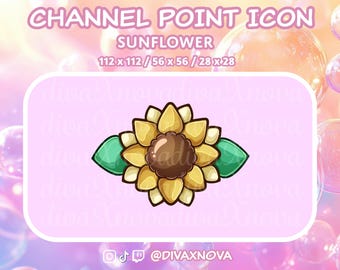 May include: A digital sunflower icon featuring yellow petals, a brown center, and two green leaves. The text reads CHANNEL POINT ICON SUNFLOWER 112 x 112 / 56 x 56 / 28 x 28 and @DIVAXNOVA. The design is set against a light purple background with bubbles.