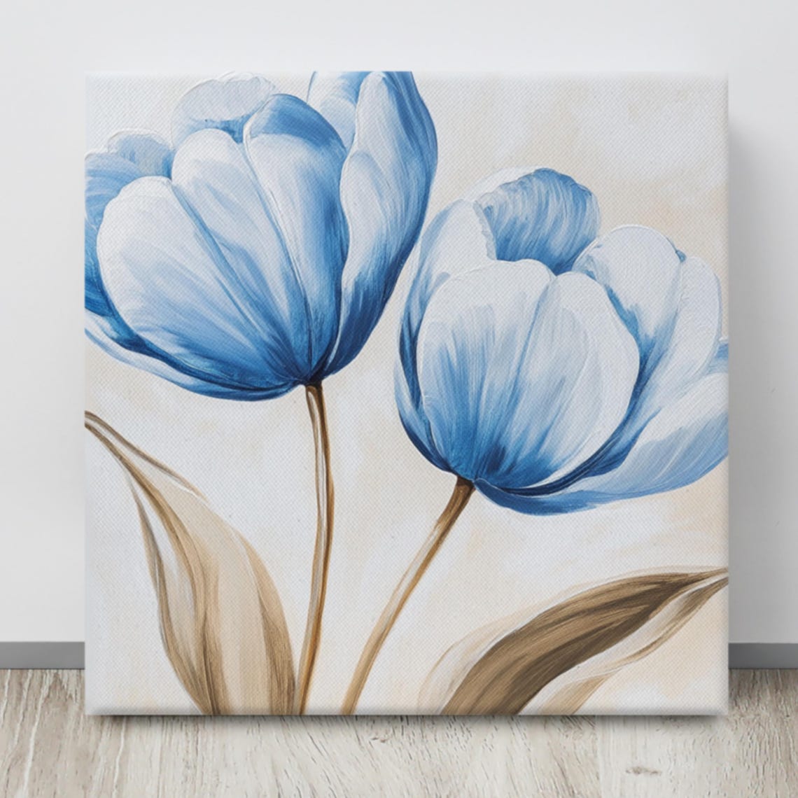 Blue Tulip Canvas Print | Beige Wall Art | Tulip Flower Painting Print ...