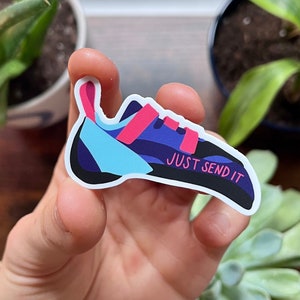 Just Send It Climbing Shoe Sticker: Blue and Pink