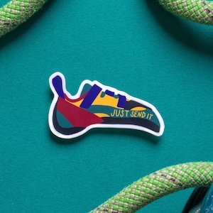 Just Send It Climbing Shoe Sticker: 90's colors