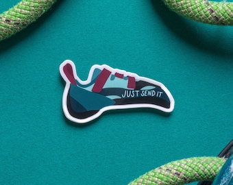 Just Send It Climbing Shoe Sticker: Teal-Cranberry