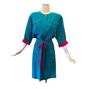 Vintage Lillie Rubin Silk Dress 1980s Teal & Fuchsia Shirt Dress • Button Front Waist Tie Dress • Designer Silk Day Dress Size M