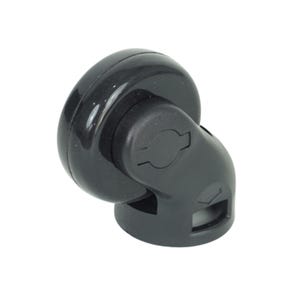 May include: A black, plastic swivel caster wheel with a rounded top and a pivoting joint. The wheel has a glossy finish and is designed for furniture or equipment. The base has a rectangular opening.