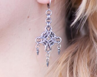 Stainless steel chainmaille earrings w/ small spike charms