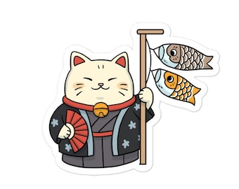 Gelukkige kat met vissticker | Stickers voor notebook, laptop, telefoons en meer | Luchtbelvrije stickers