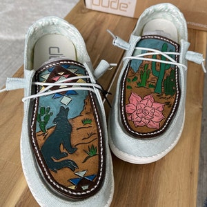 Custom tooled leather women’s size 9 Hey Dude shoes. One of a kind!