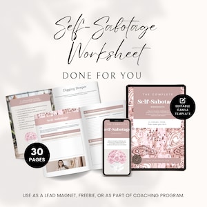 Self Sabotage Worksheet, Coaching Workbook, Life Coach Workbook, Done for You Course, Therapy Worksheets,Self Esteem Workbook,Self Discovery