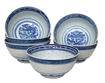 Smooth Surface and Easy to Clean Salad Noodles Round Chinese Style Dragon Pattern Blue and White Rice Bowls for Porridge Ramen 4.5 inches Bowl 45/% Bone China Material