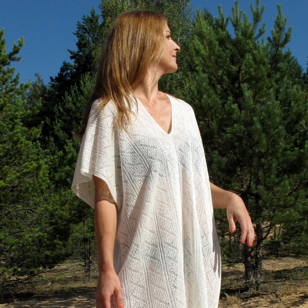 Sheer lace up linen beach coverup for woman, Knitted kaftan dress with tie belt tassel, Pointelle open knit boho swimsuit cover, See through