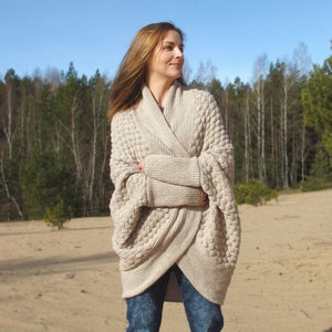 Chunky merino wool batwing cocoon sweater for woman, Fluffy oversize wrap knit giant cardigan, Long sleeve bulky bolero shrug, Boho jumper
