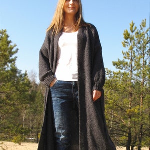 Oversize extra long merino sweater coat, Floor length draped wrap cardigan with belt, Soft wool fuzzy lounge robe, Womens kimono with pocket