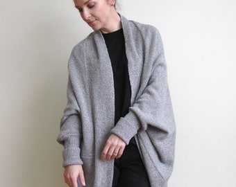 Womens long oversize wool cocoon sweater for all seasons, Lightweight batwing sleeve drape merino cardigan, Lounge wear loose handmade wrap