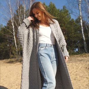 Chunky long batwing sleeves sweater coat, Oversize maxi womens merino wool cardigan, Thick knit coatigan robe, Open front wrap bulky duster