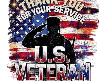 May include: A patriotic design featuring a saluting soldier silhouette against a backdrop of the American flag. The text "THANK YOU FOR YOUR SERVICE" and "U.S. VETERAN" are prominently displayed in a bold, stylized font, with red, white, and blue colors.