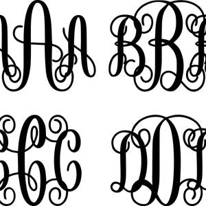 May include: Four black monogram designs in a decorative script font. The monograms include AAA, BBB, CCC, and DDD. Each monogram is displayed on a white background, perfect for personalized gifts or crafts.