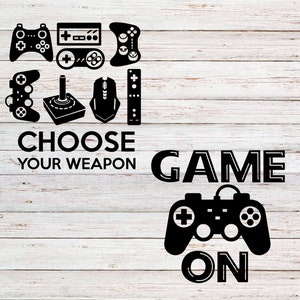 May include: Black and white graphic design with the text "Choose your weapon" and "Game On". The graphic features various video game controllers, including a joystick, a game pad, and a mouse.