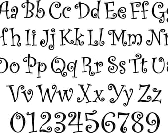 May include: Black, whimsical font featuring uppercase and lowercase letters, along with numbers 0-9. Each character has a curly, decorative design. The font is displayed in a clear, easy-to-read style.
