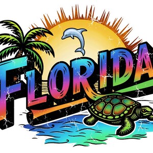 Op de afbeelding: Kleurrijke afbeelding met het woord "FLORIDA" in een gradiënt, een palmboom, een dolfijn, een zon en een schildpad. Het ontwerp heeft een vintage uitstraling, die een tropisch vakantiethema oproept.
