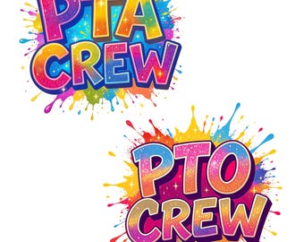May include: Two colourful designs with the text "PTA CREW" and "PTO CREW". The text is in a bold, bubble-style font with a rainbow gradient effect, outlined in blue. Each design features a vibrant splash of paint.