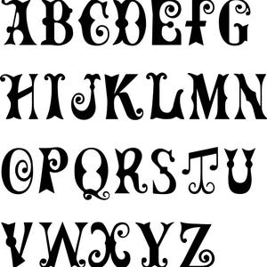 May include: A black, decorative alphabet from A to Z. Each letter features a unique design with swirls and flourishes. The bold font is suitable for craft projects, scrapbooking, or signage.