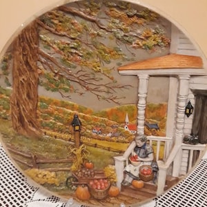 Colorful Fall time Scene in the Farm by Byron Mold 3D Ceramic 10&quot; Plate 1980